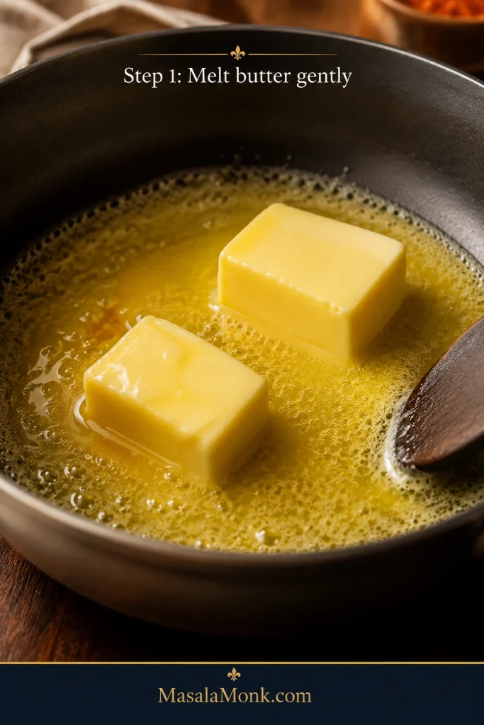 Butter melting in a skillet for seafood boil sauce.