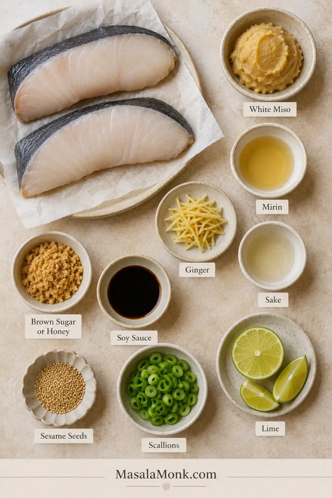 Ingredients for miso black cod arranged on a board, including sablefish fillets, white miso, mirin, sake, ginger, soy sauce, scallions, sesame seeds, and lime.