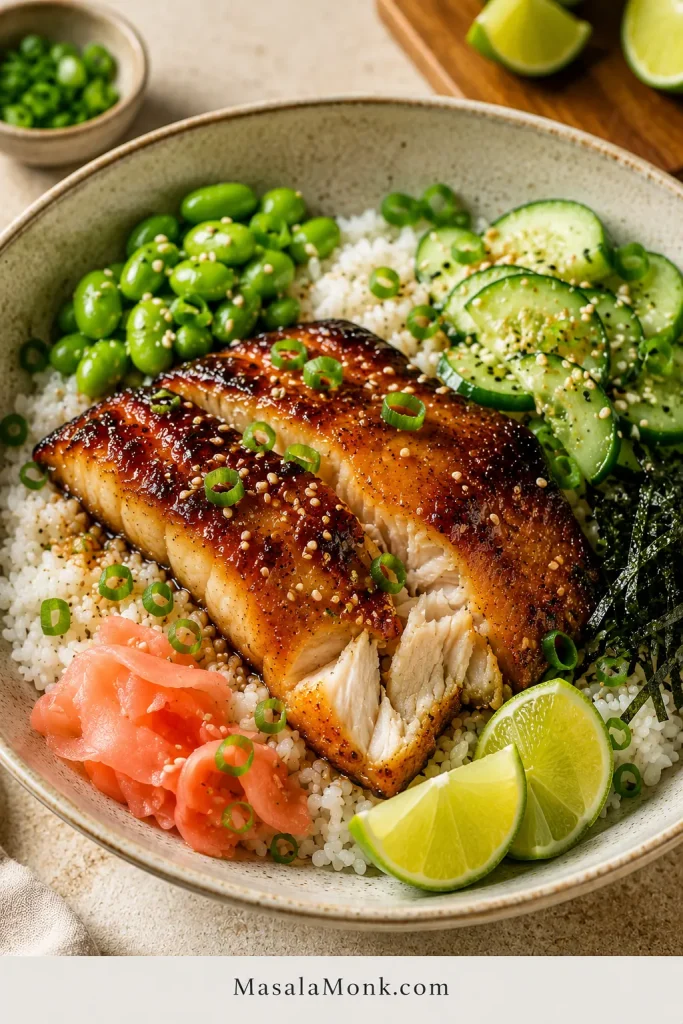 Miso black cod rice bowl with white rice, edamame, cucumber slices, nori, scallions, sesame seeds, pickled ginger, and lime.