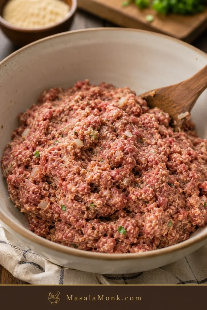 Bowl of gently mixed Salisbury steak patty mixture with ground beef, breadcrumbs, egg, milk, and seasonings.