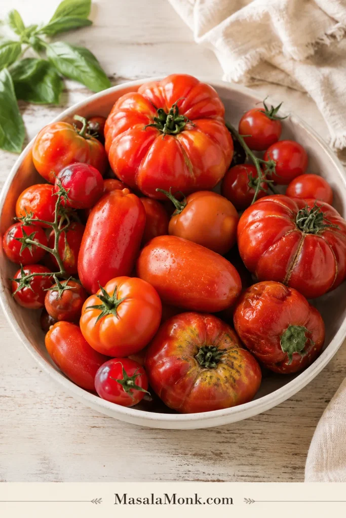 A bowl filled with mixed fresh tomatoes, including Roma, cherry, vine, and garden tomatoes.