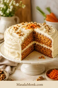 Two-layer carrot cake with cream cheese frosting on a cake stand, with one slice removed to show carrot flecks in the crumb.