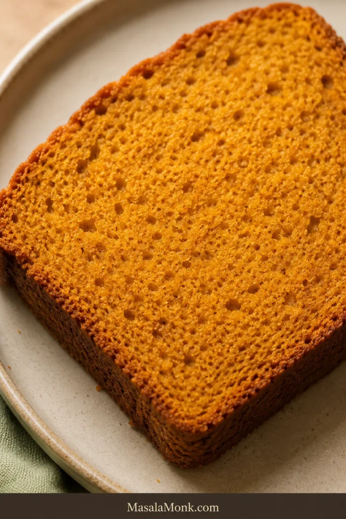 Close-up of a thick pumpkin bread slice showing orange, fully baked crumb with small pores and browned crust.