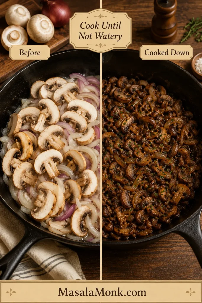 Before and after comparison of mushrooms and onions cooking down for Salisbury steak gravy.