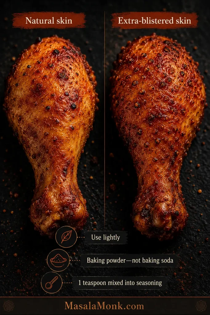 Close-up comparison of natural air-fried chicken skin and extra-blistered chicken skin with a callout about using baking powder, not baking soda.
