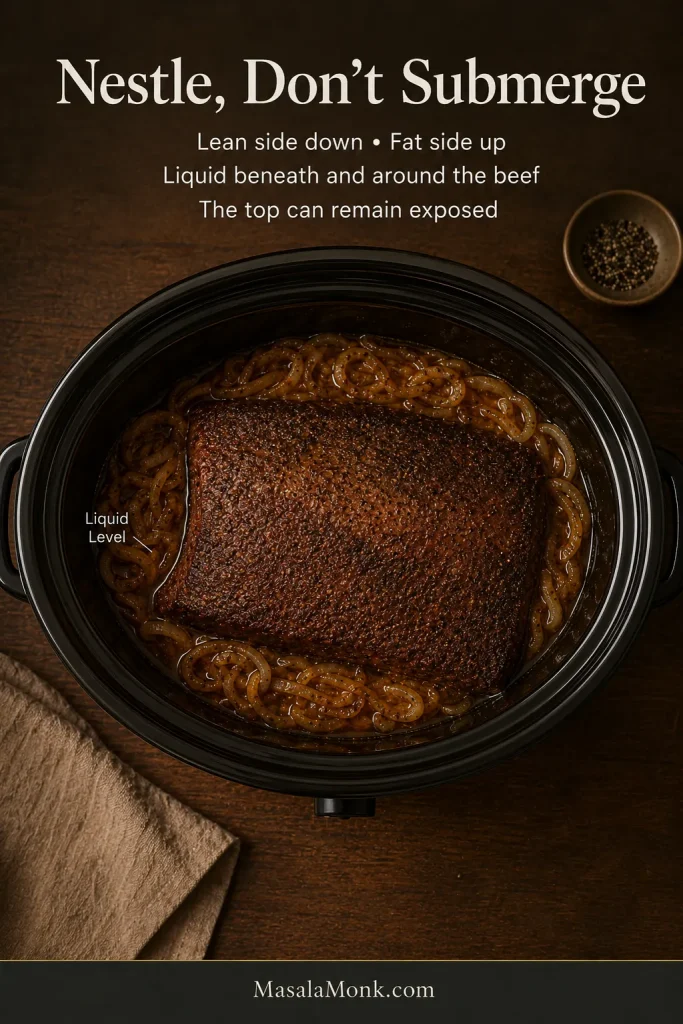 Seared brisket resting over softened onions in an oval slow cooker, with brown braising liquid below and around the meat but not covering its top.
