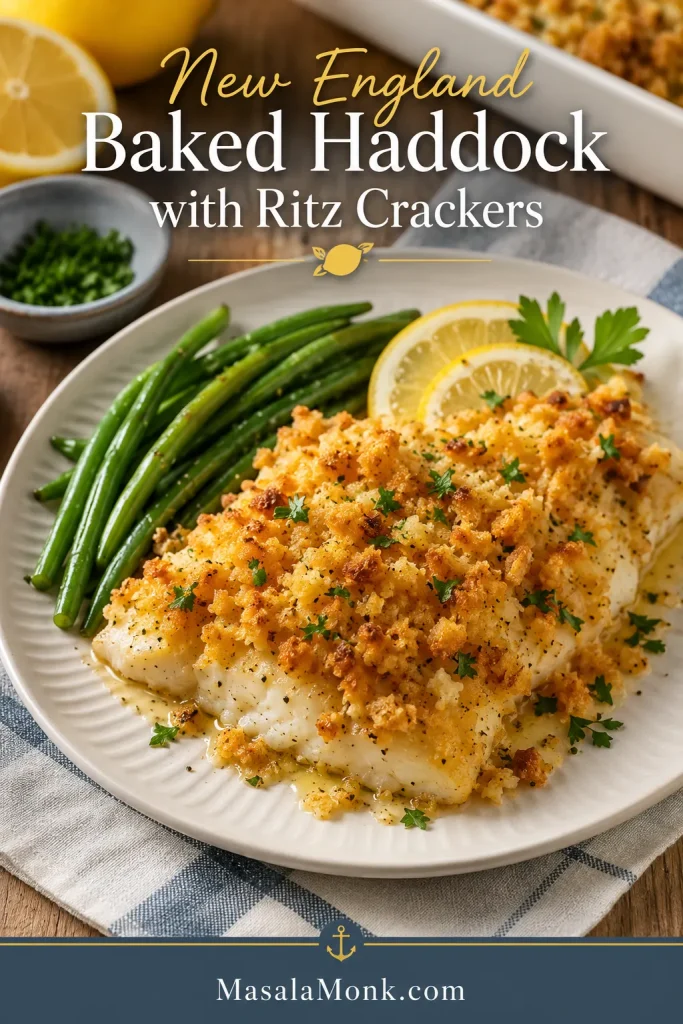 New England baked haddock with buttery Ritz cracker topping served on a plate with lemon and parsley.