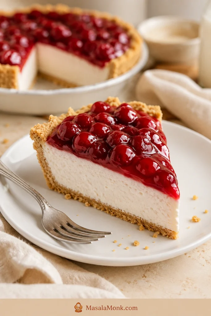 Slice of no-bake cream cheese pie on a white plate with cherry topping, white filling, and graham cracker crust.