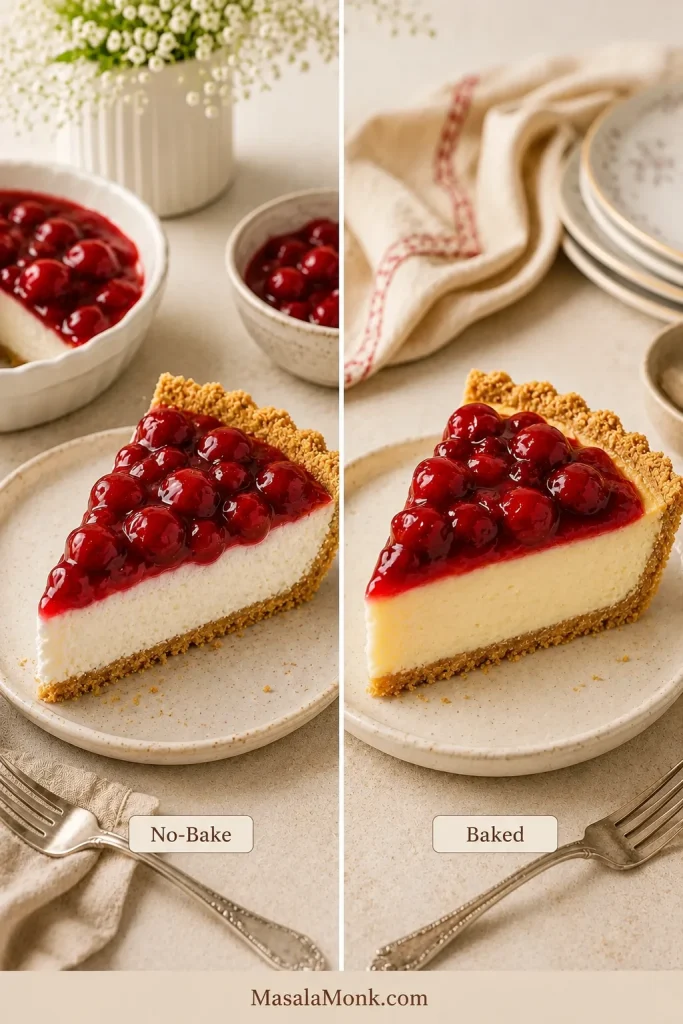 Side-by-side comparison of no-bake and baked cream cheese pie slices with cherry topping and graham crust.