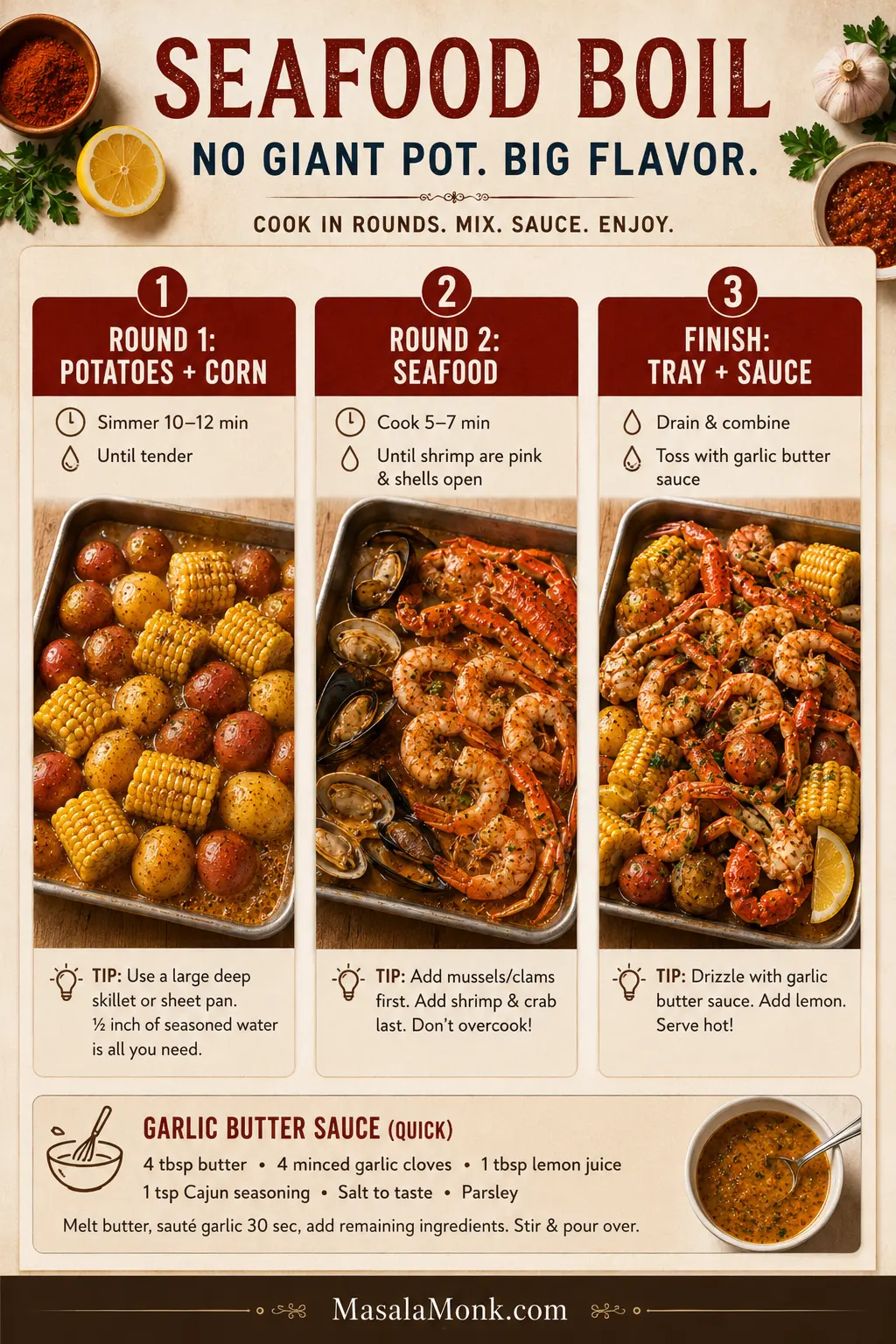 Three-panel guide showing round 1 potatoes and corn, round 2 seafood, and finishing the seafood boil on a tray with sauce.
