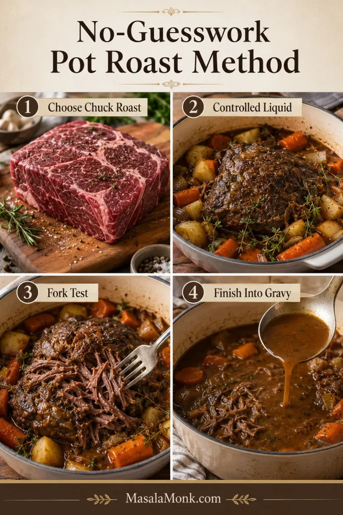 Four-panel pot roast method board showing chuck roast, controlled liquid, fork-test doneness, and finished gravy.