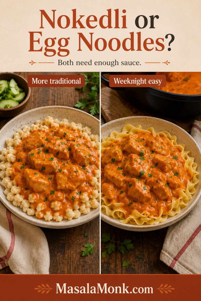 Split image comparing chicken paprikash served over nokedli or spaetzle with chicken paprikash served over egg noodles.