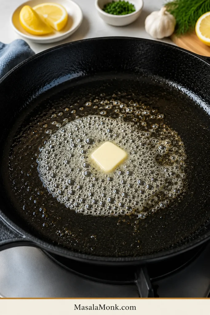 Oil and butter melting in a skillet before adding rockfish fillets.