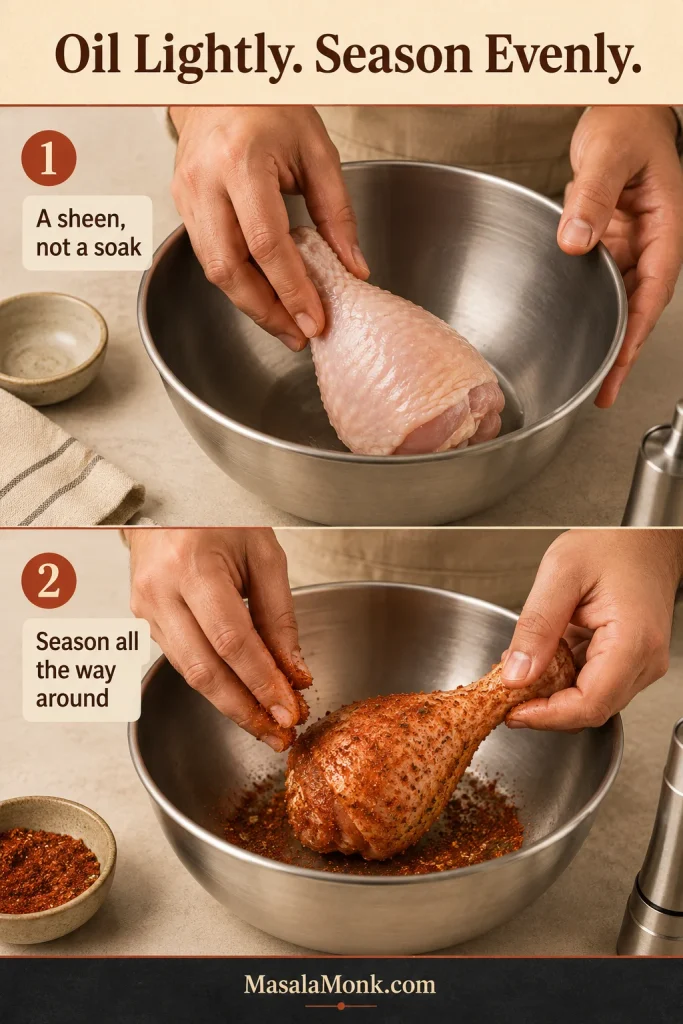 Two-stage preparation image showing a raw chicken drumstick lightly coated with oil and then evenly covered with paprika-garlic seasoning.