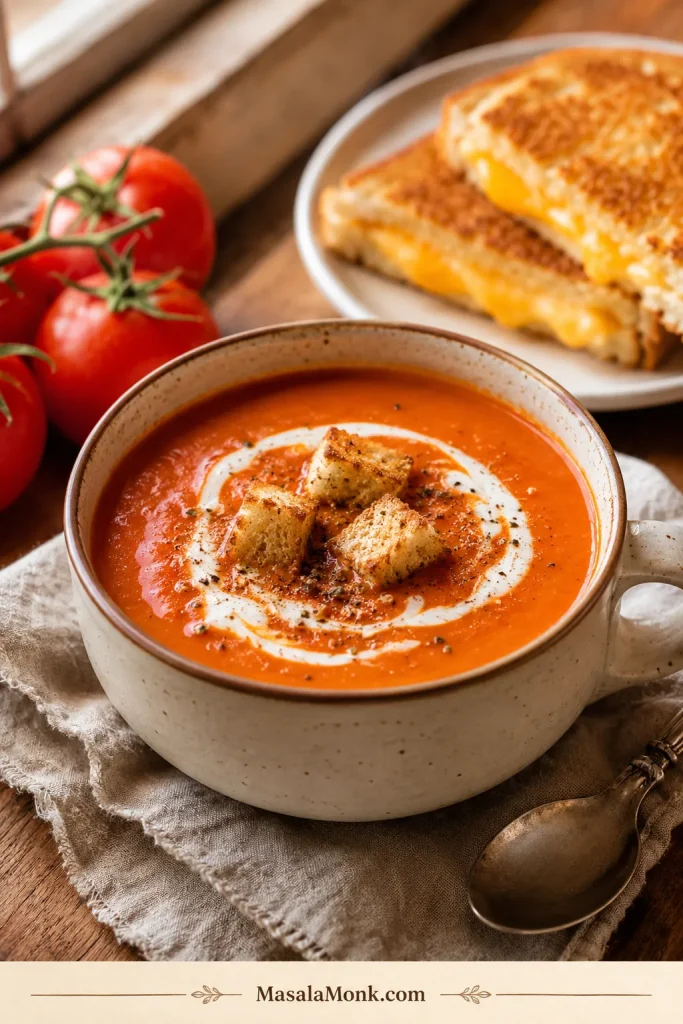 A bowl of old-fashioned creamy tomato soup topped with croutons and black pepper, with grilled cheese in the background.
