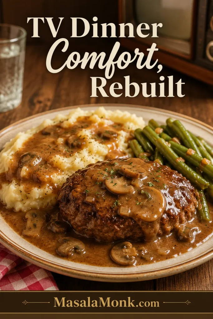 Old-fashioned Salisbury steak dinner with mushroom gravy, mashed potatoes, and green beans.