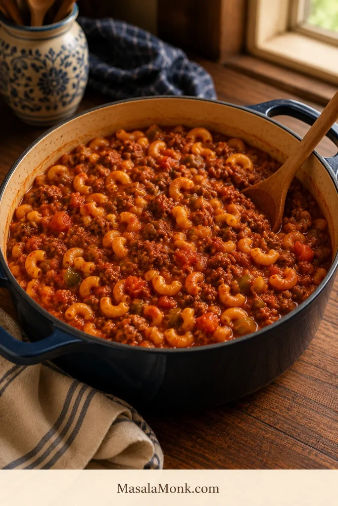 Dutch oven filled with one-pot American goulash made with elbow macaroni, ground beef, and tomato sauce.