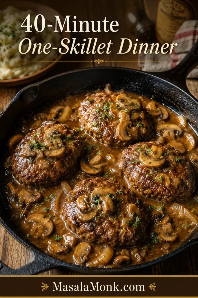 Oval Salisbury steak patties simmering in mushroom onion gravy in a black skillet.
