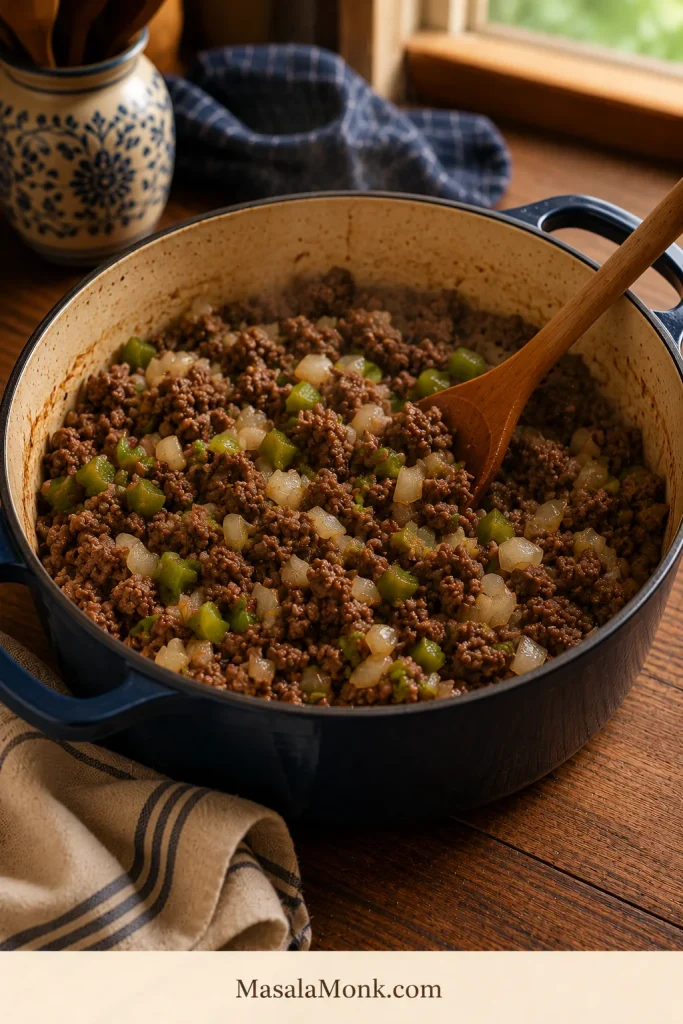 Browned ground beef cooking with chopped onion and green bell pepper in a Dutch oven.