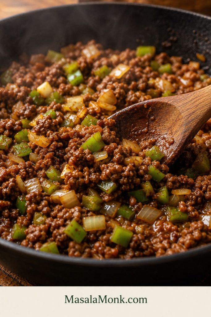 Browned ground beef cooking with diced onion, green bell pepper, and garlic in a skillet
