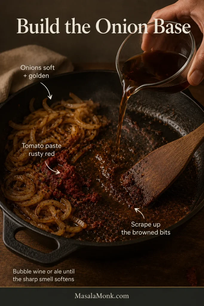Golden sliced onions and darkened tomato paste in a skillet as liquid is poured in to loosen the browned residue from the pan.