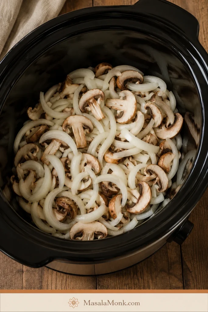 Sliced onions and mushrooms spread across the bottom of a dark slow cooker insert.