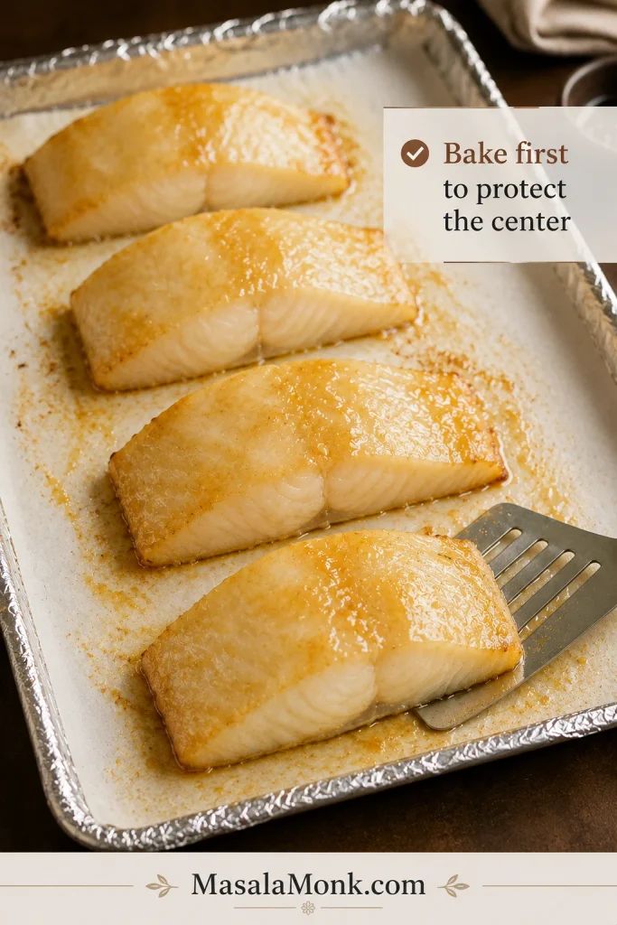 Black cod fillets on a lined sheet pan after gentle oven cooking and before the broiler finish.