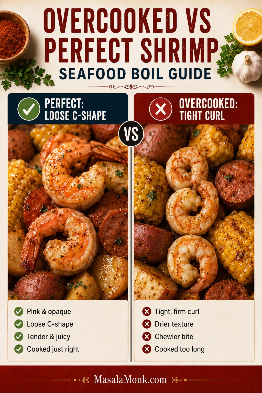 Split comparison of perfect loose C-shape shrimp versus overcooked tight-curl shrimp in a seafood boil.