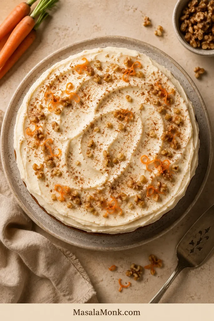 Overhead view of a whole carrot cake with cream cheese frosting swirls and light garnish on a neutral surface.