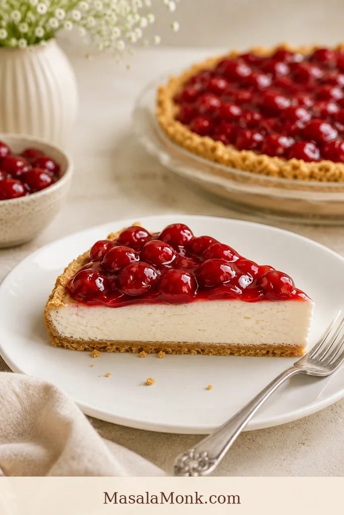 Side view of a clean slice of cherry cream cheese pie with white filling and graham cracker crust.