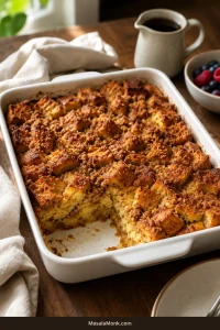 Overnight French toast casserole with golden cinnamon streusel and one serving removed from the baking dish.