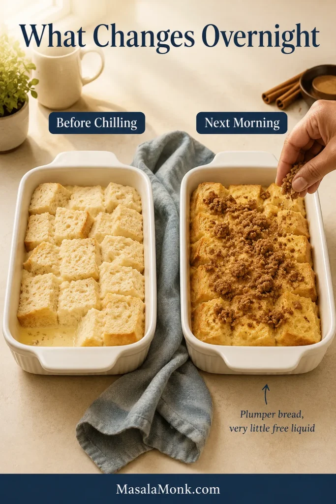 Two baking dishes compare freshly assembled French toast casserole with an overnight-soaked pan being topped with cold streusel.