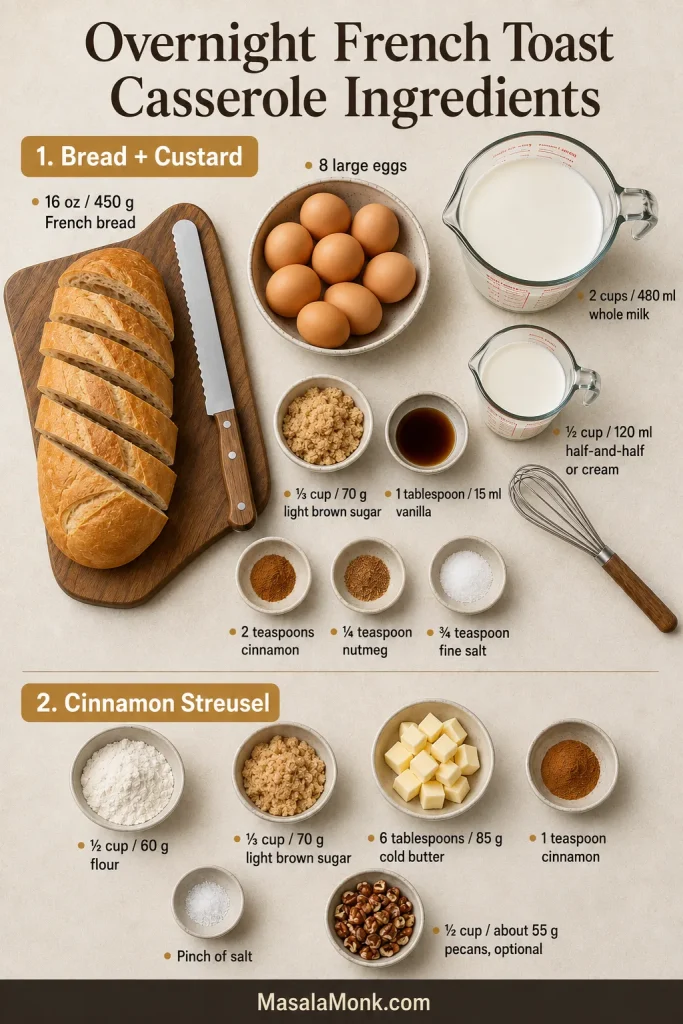 Measured French bread, eggs, milk, cream, brown sugar, spices, flour, cold butter and optional pecans arranged for French toast casserole.