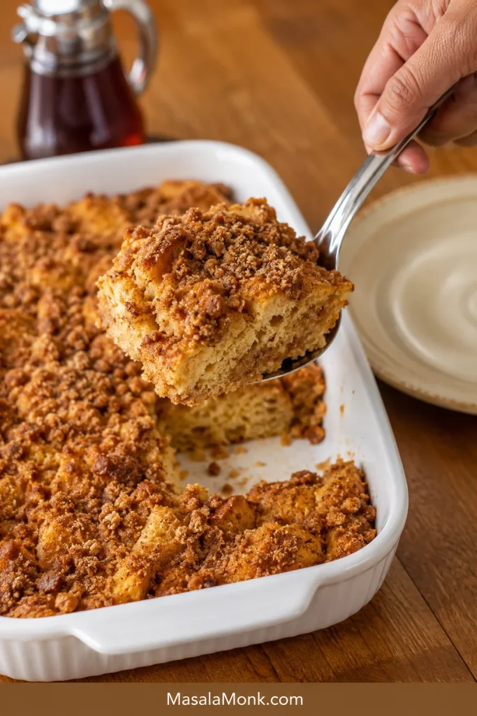 A serving spoon lifts a tender portion of French toast casserole from a white baking dish, exposing the moist center beneath the topping.