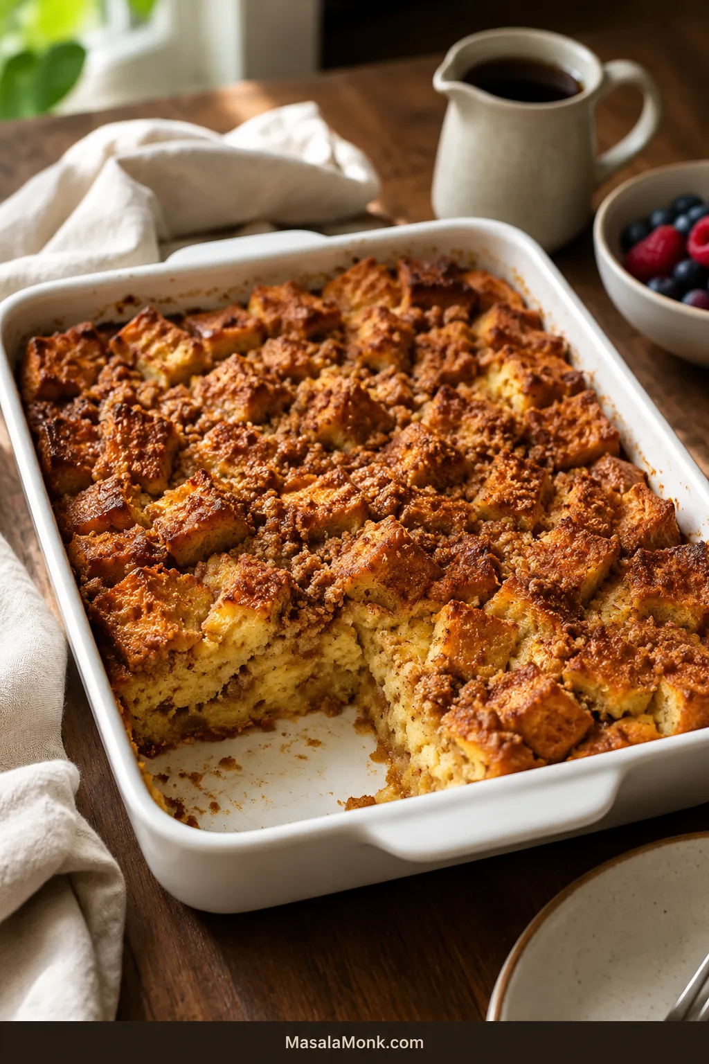 Overnight French toast casserole with golden cinnamon streusel and one serving removed from the baking dish.