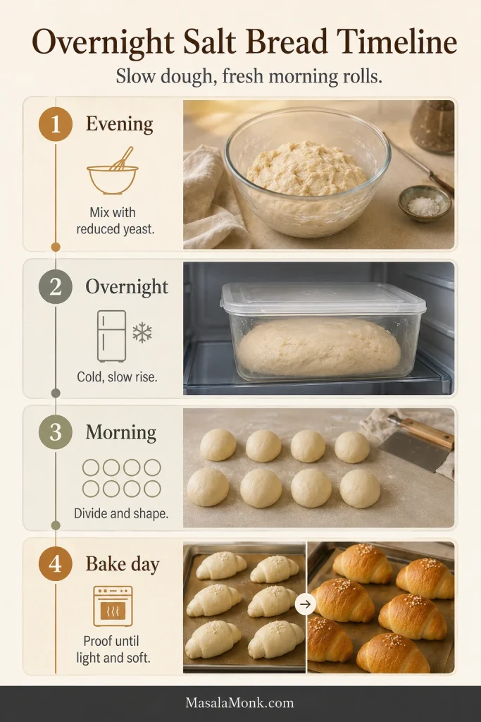 Timeline showing evening mixing, overnight dough in the refrigerator, morning dough portions and bake-day shaped and baked salt bread rolls.