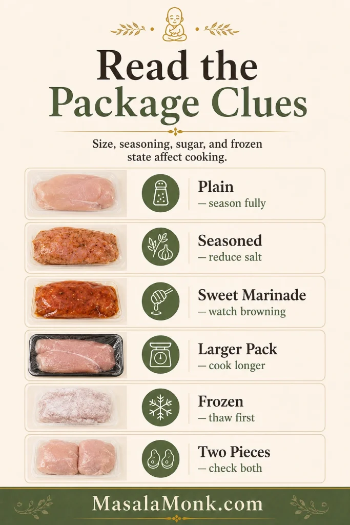 Packaged turkey tenderloin guide showing plain, seasoned, sweet marinade, larger pack, frozen, and two pieces.