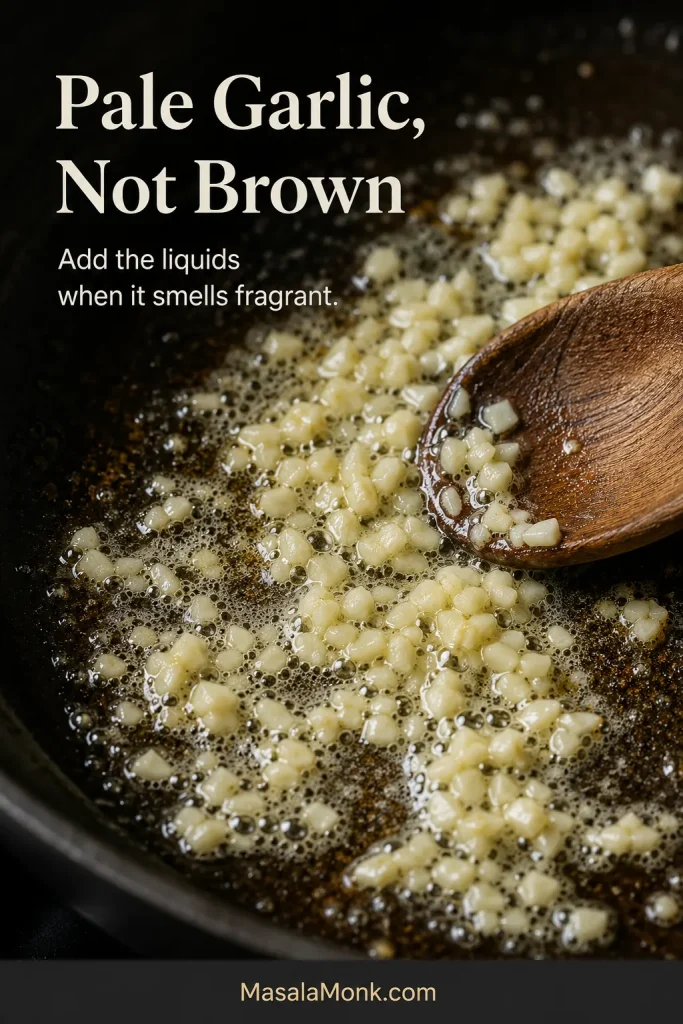 Irregularly chopped pale garlic cooking gently in foaming melted butter inside a dark skillet while a wooden spoon moves the pieces.