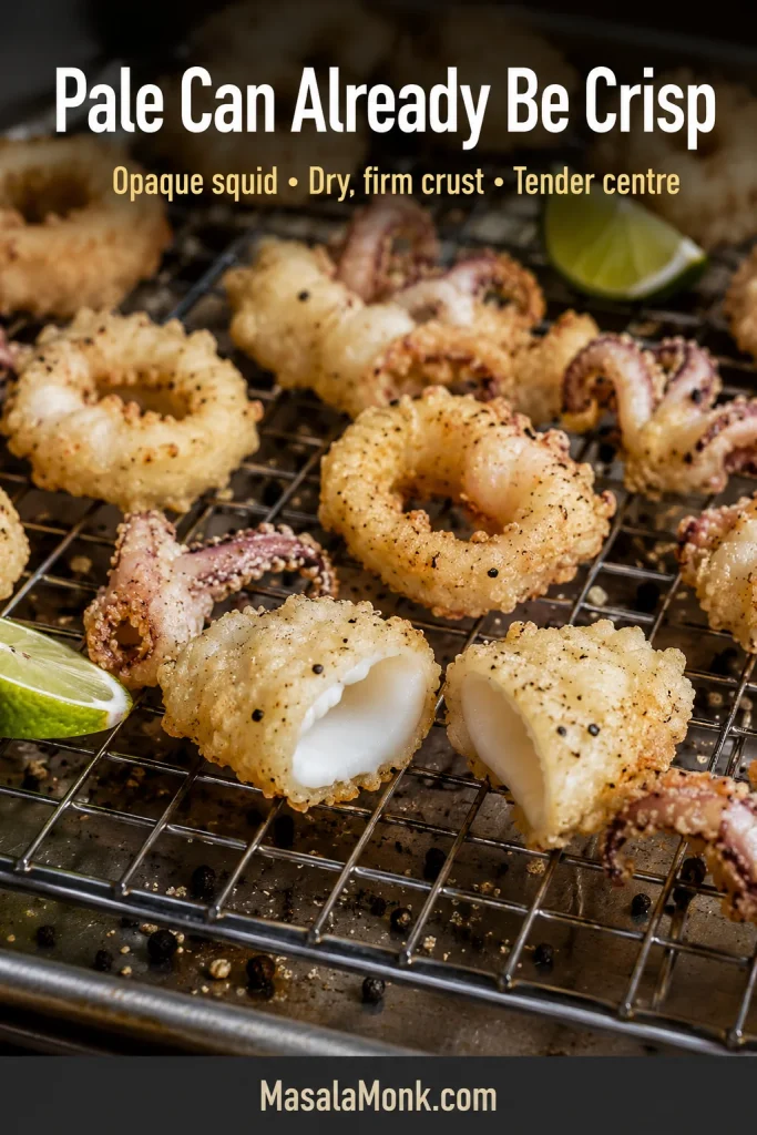 Pale-golden fried squid draining on a wire rack with one piece opened to show the cooked centre.