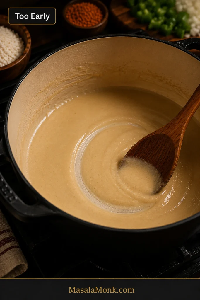 Pale roux in a Dutch oven with a wooden spoon showing an early cooking stage