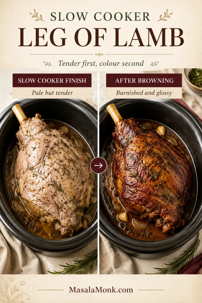 Split image showing pale tender slow cooker leg of lamb before browning and burnished glossy lamb after browning.