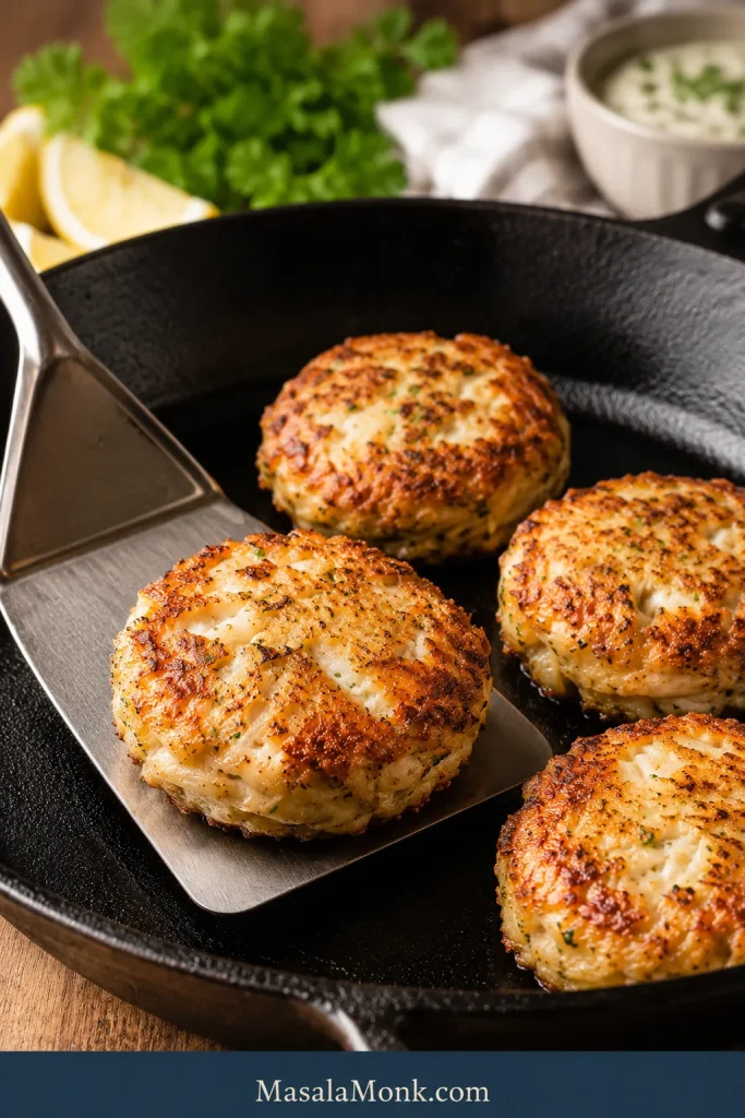 Golden pan-fried crab cakes in a skillet with crisp edges.