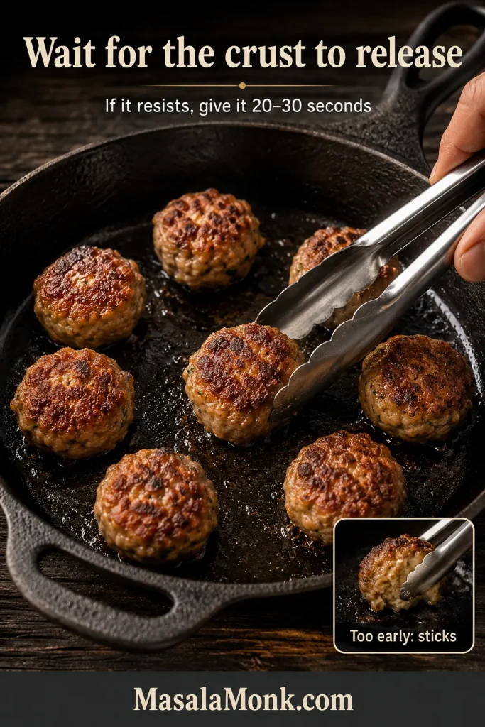 Tongs testing a browned pork meatball in a cast-iron skillet, with other meatballs cooking around it.