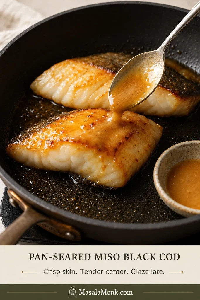 Pan-seared miso black cod fillets in a black skillet with amber glaze being spooned over the fish.