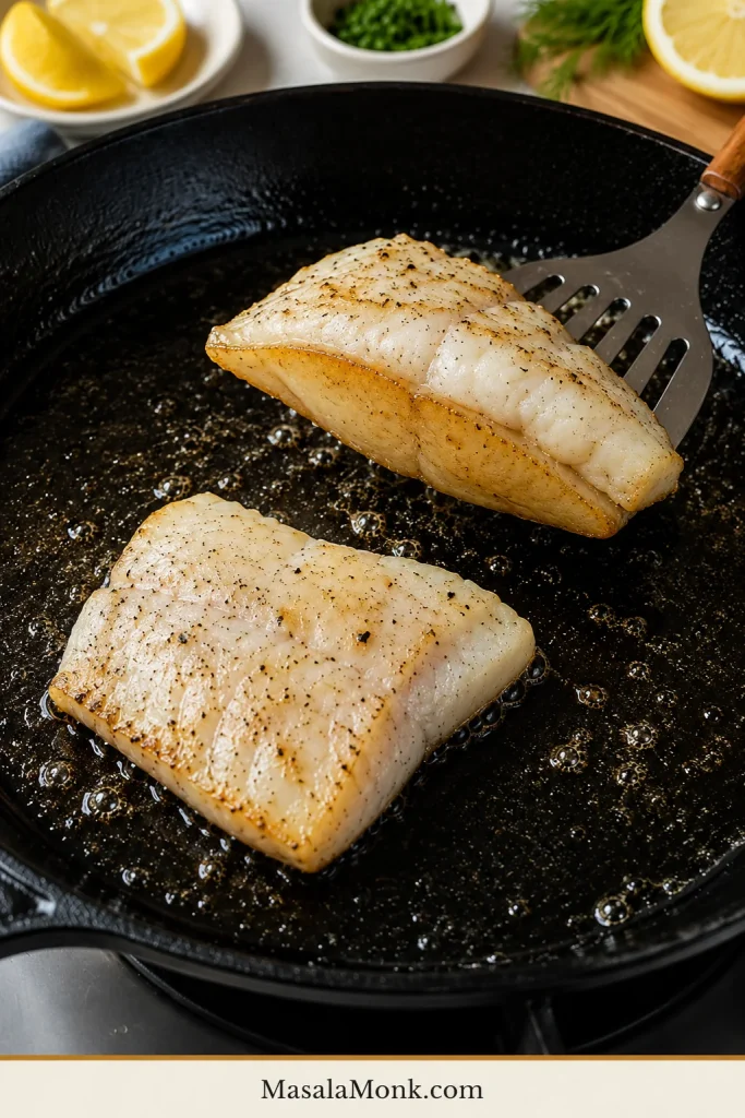 Rockfish fillet partly lifted with a fish spatula to show a pale golden seared underside.