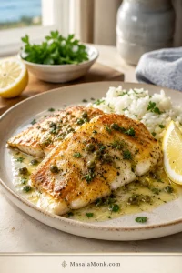 Pan-seared rockfish fillets with lemon butter sauce, capers, herbs, rice, and lemon wedges on a ceramic plate.