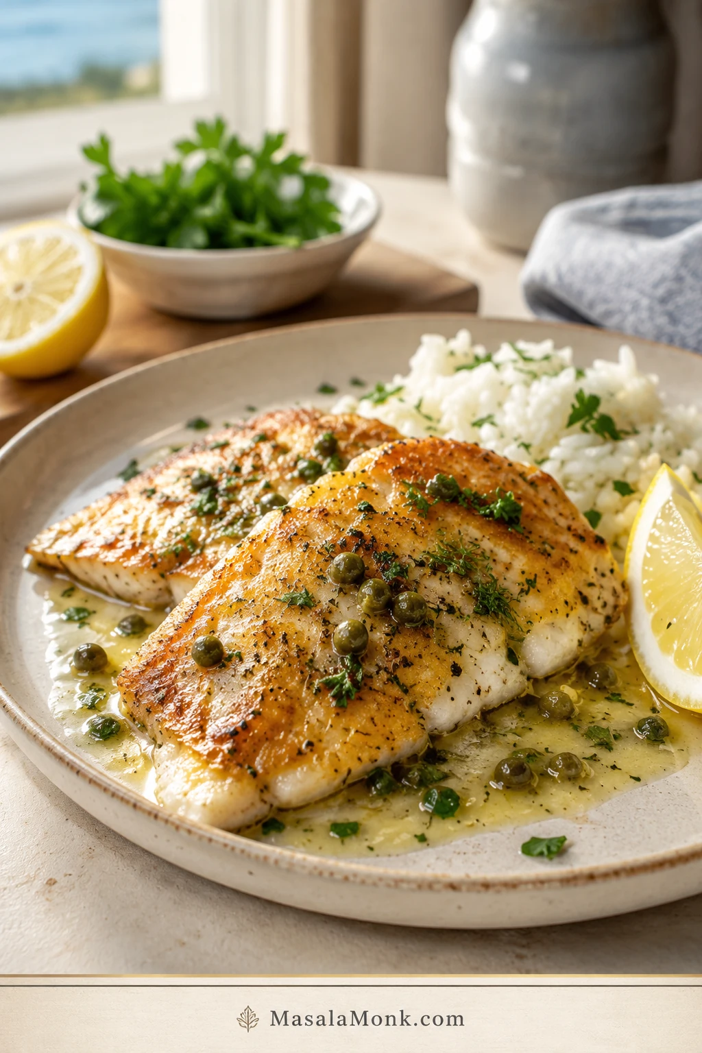 Pan-seared rockfish fillets with lemon butter sauce, capers, herbs, rice, and lemon wedges on a ceramic plate.