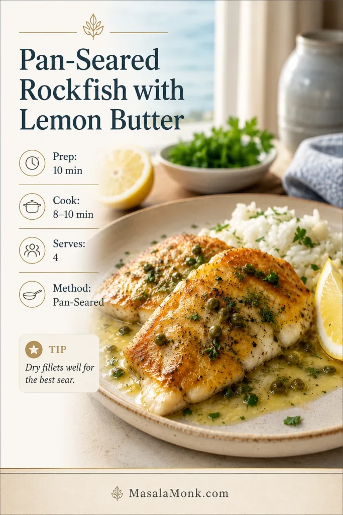 Recipe card for pan-seared rockfish with lemon butter showing cook time, servings, method, and a finished plated dish.