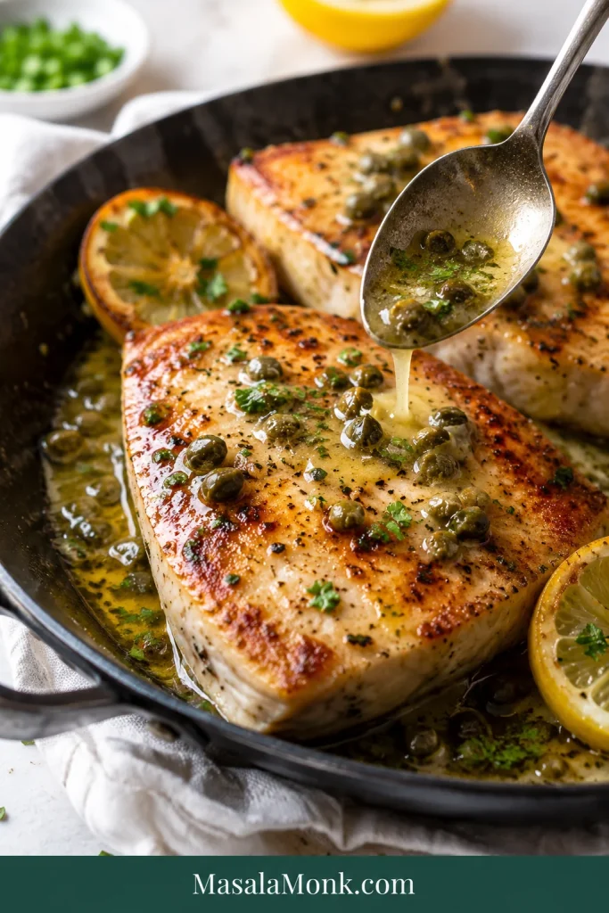 Pan-seared swordfish in a skillet with lemon caper butter, capers, herbs, and a browned crust.