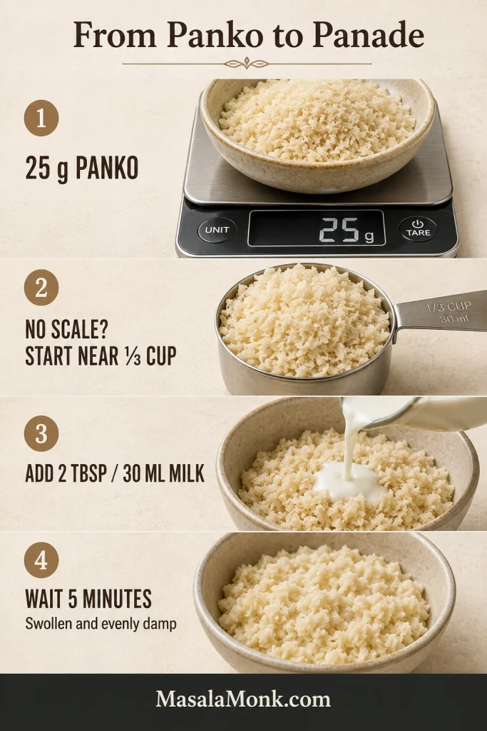 Panko panade guide showing 25 grams of panko, an approximate one-third cup measure, milk being added, and hydrated crumbs after resting.